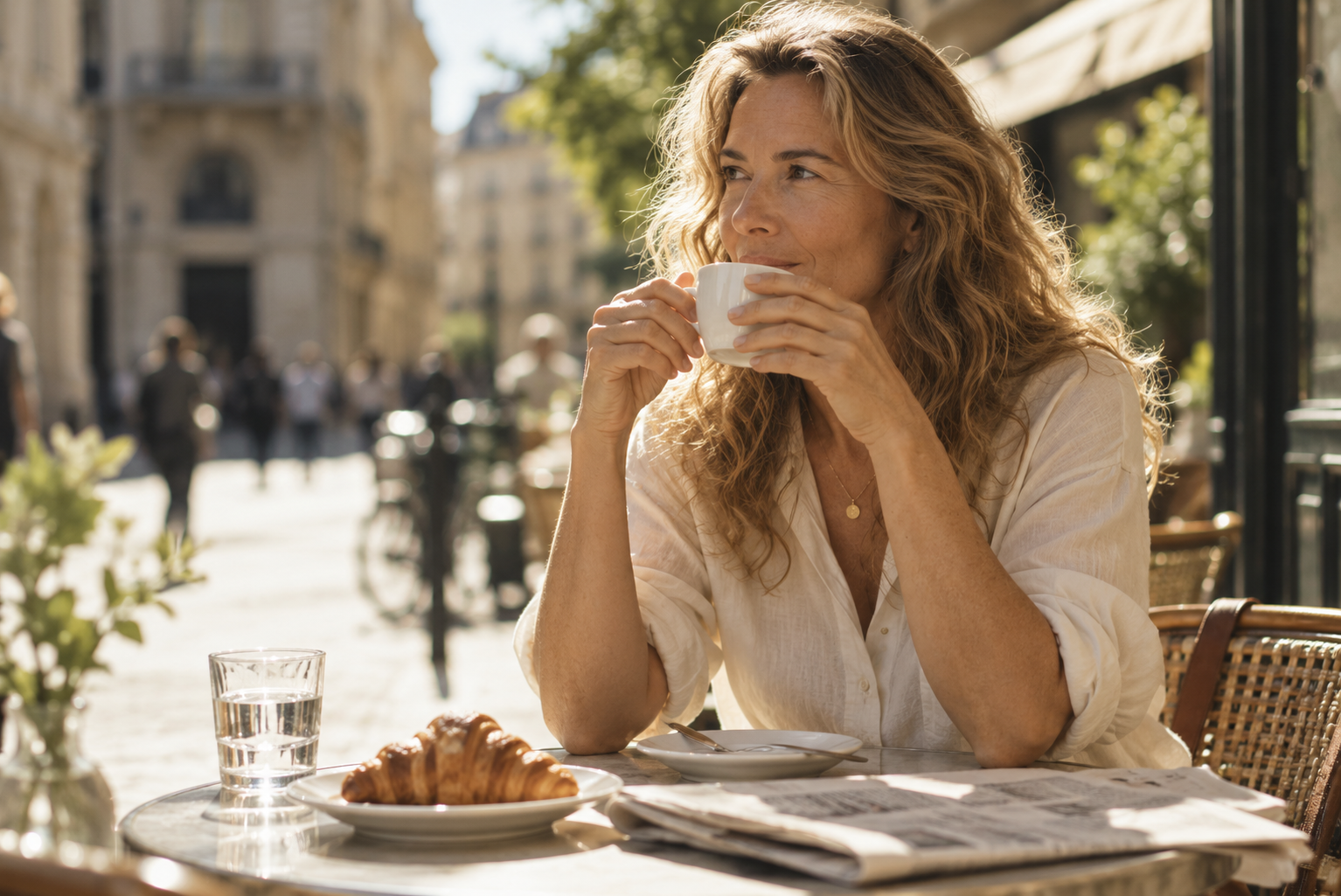A woman enjoying coffee in warm sunlight at a relaxed outdoor café